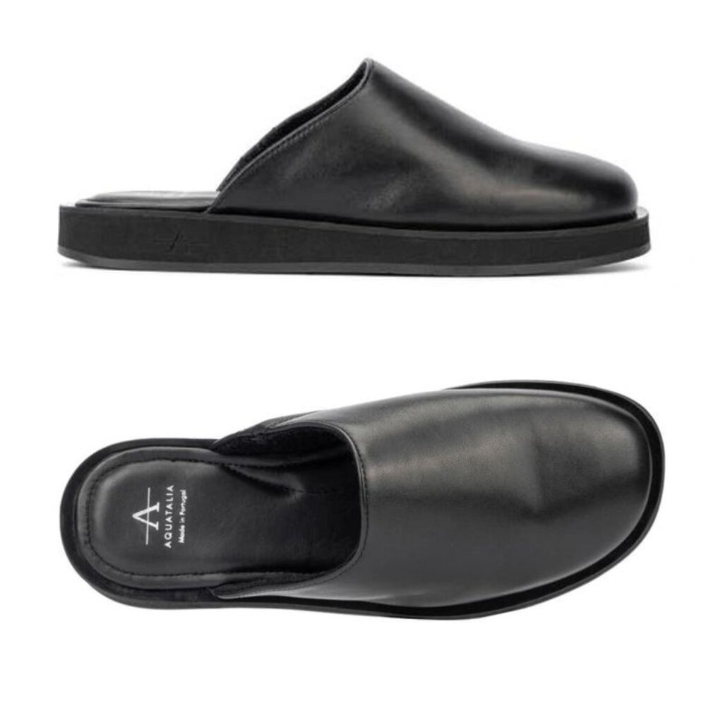 Aquatalia Gemmy Slip On Flat Mules Clog Size 9 Black Leather Comfort NEW $295